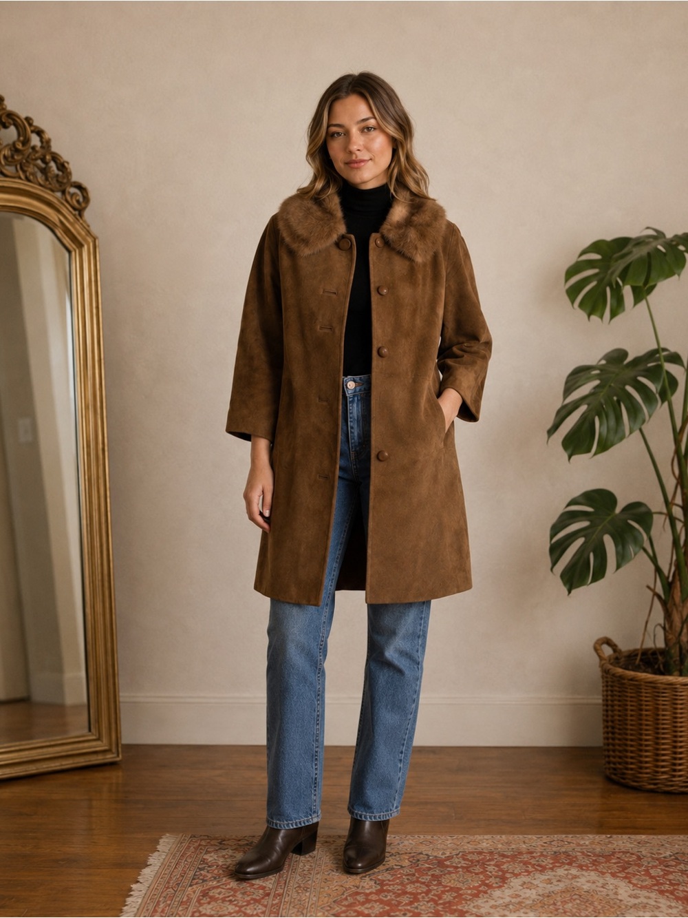 Vintage Tan Suede Coat Faux Fur Collar Longline